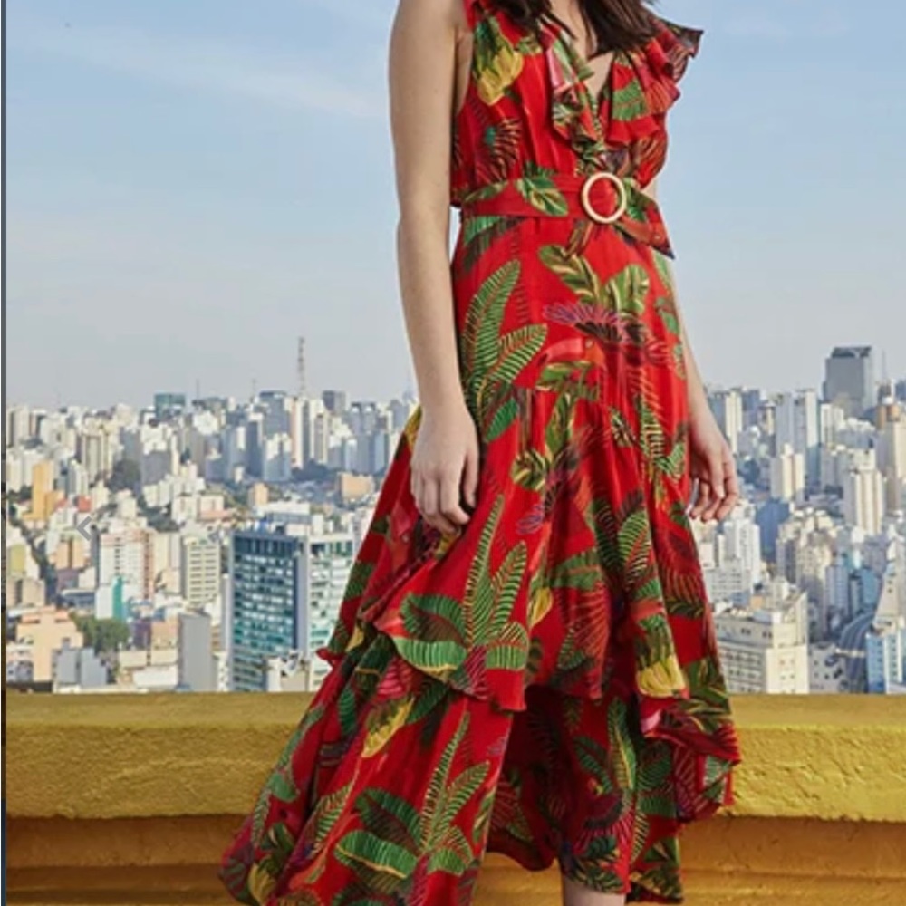 Farm Rio Red Forest Birds Midi  Dress